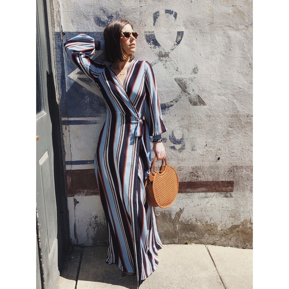 ✨Sasha Striped Puff Sleeve Maxi Wrap Dress - Picture 3 of 8